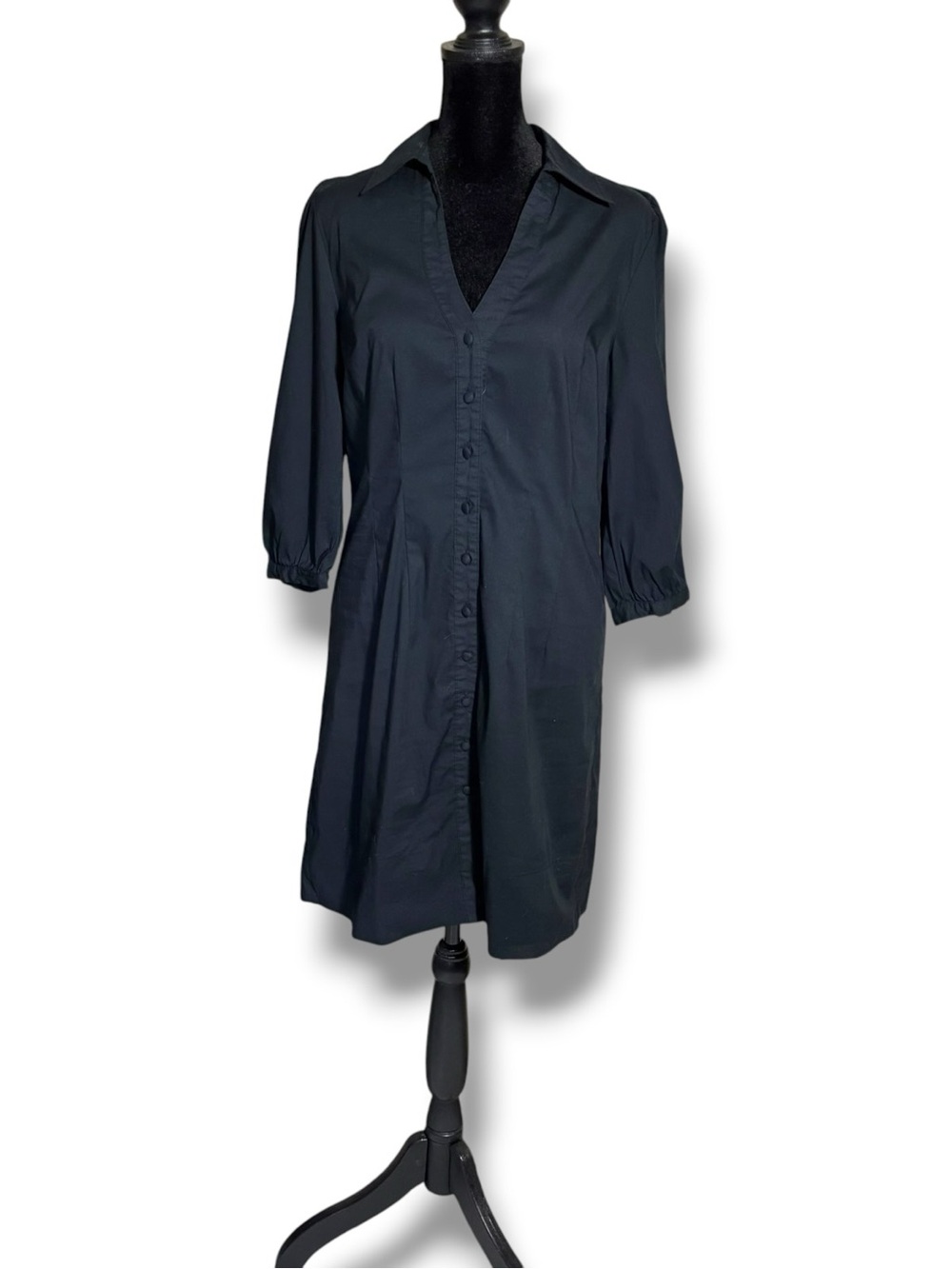 Elle Black Button-Front 3/4 Puff Sleeve Collared Casual V-Neck Mini Shirt Dress